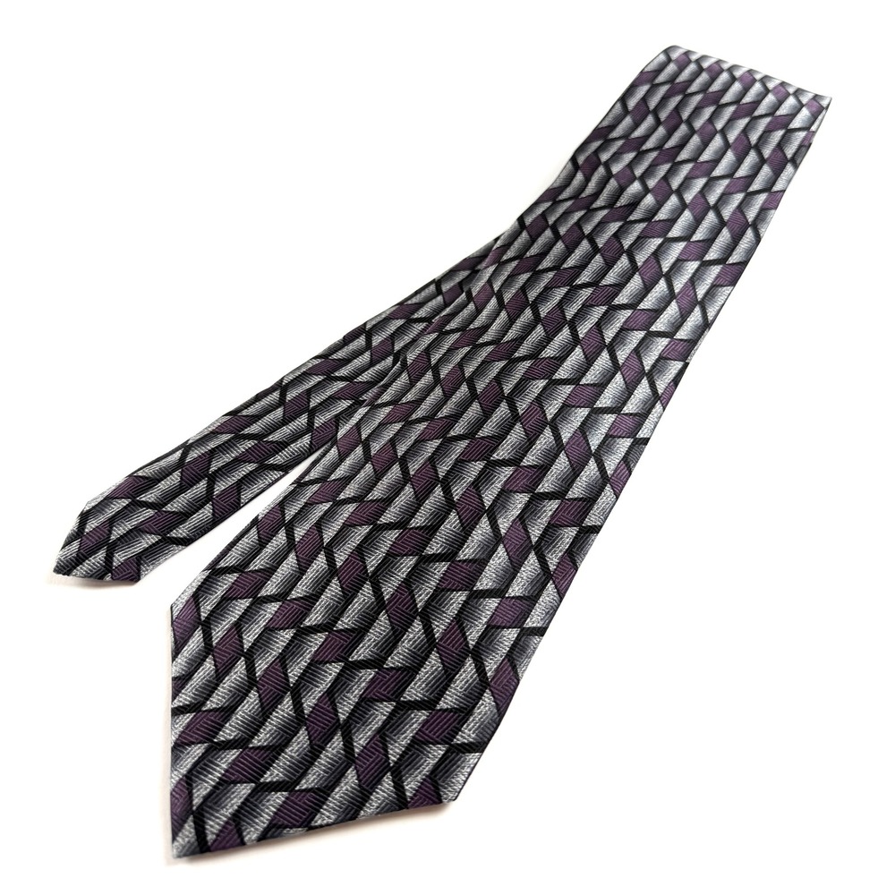 VINTAGE LOUIS ROTH SILK TIE 4"W 60"L Purple Black Gray Geometric Pattern #1641